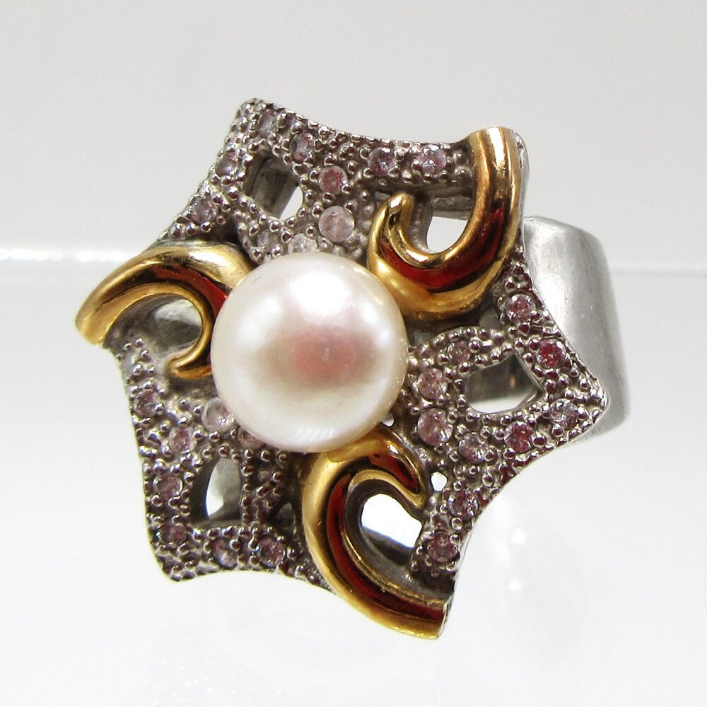 Sterling silver & 18K gold star shaped pearl cocktail dinner ring size 6
